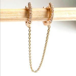 Double Piercing Diamond Huggie with Chain in 14K Yellow Gold